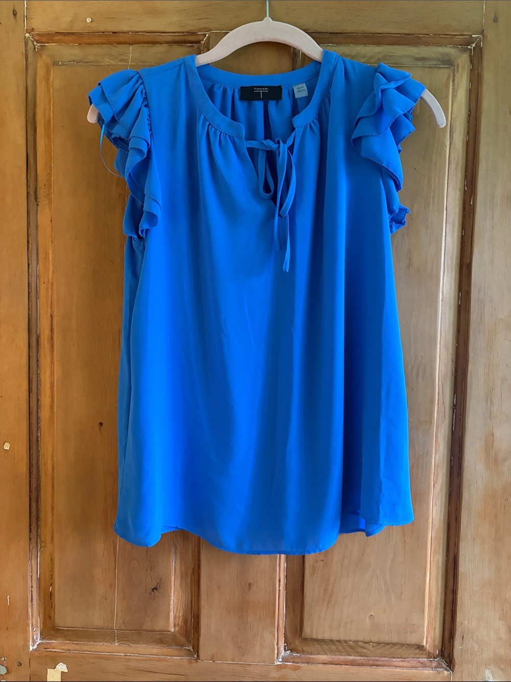 Tahari Royal Blue Ruffle Sleeve Tie-Neck Blouse